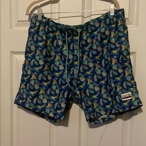 Beach bros blue parrot leaf pattern swim trunks, size large